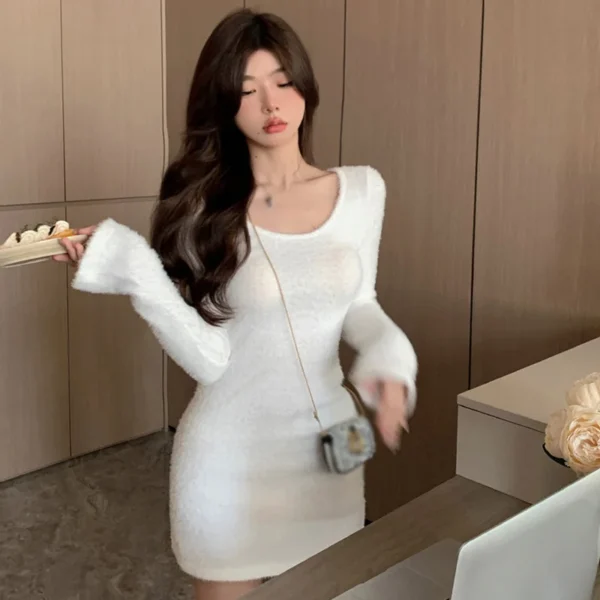 Knit Dress: Slim V-Neck Long Sleeve Bodycon - Image 2