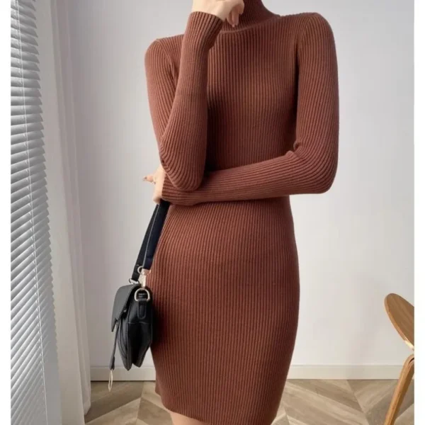 Knit Dress - Ribbed, Half High Collar, Slim Fit - Image 4