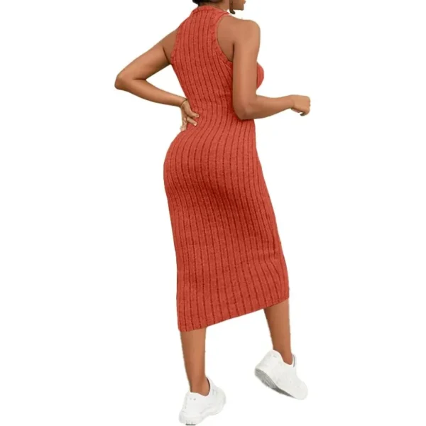 Solid Halter Neck Knit Dress Ribbed Sleeveless Midi - Image 6