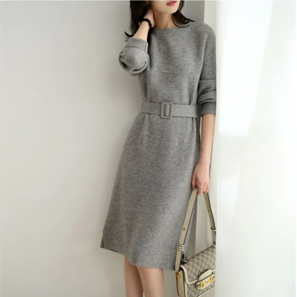 Knit Dress Round Neck Long Sleeved Waist Cinching - Image 4