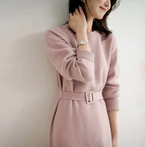 Knit Dress Round Neck Long Sleeved Waist Cinching - Image 2