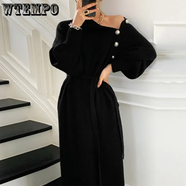 Vintage Knit Dress Loose Turtleneck Buttoned Long Sleeve - Image 5