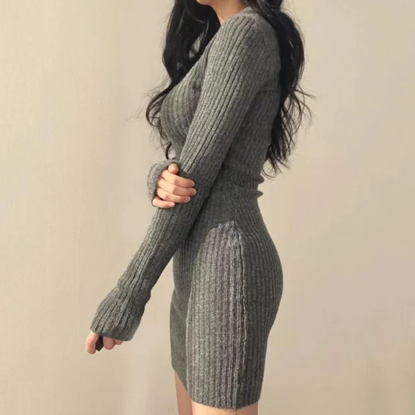 Knit Dress: V-Neck Long Sleeve Bodycon Midi - Image 5