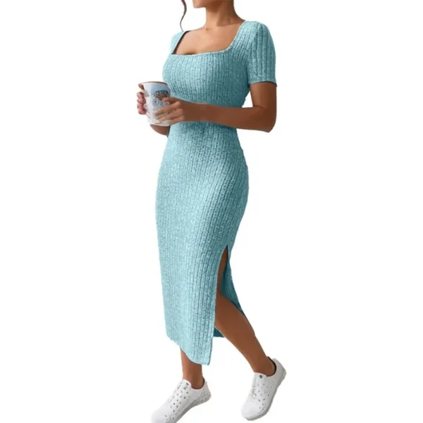 Knit Dress: Summer Square Neck, Slit Design - Image 3