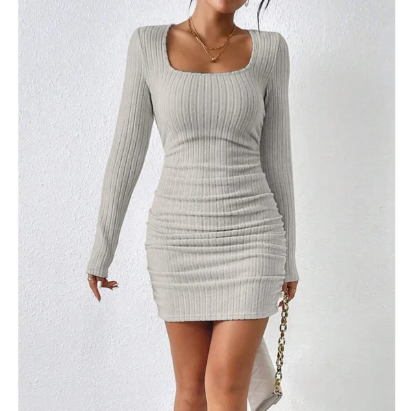 Knit Dress Slim Fit Square Neck Long Sleeve Mini