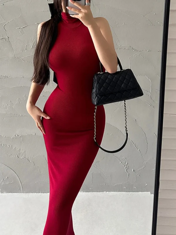 Red Knit Dress Sexy Turtleneck Bodycon Midi - Image 2