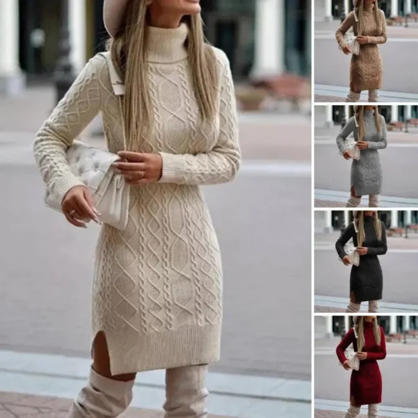 Knit Dress High Collar Long Sleeve Twisted Mini - Image 5