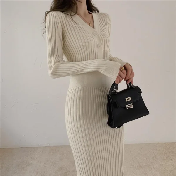 Knit Dress V Neck High Waist Long Sleeve Solid Color - Image 2