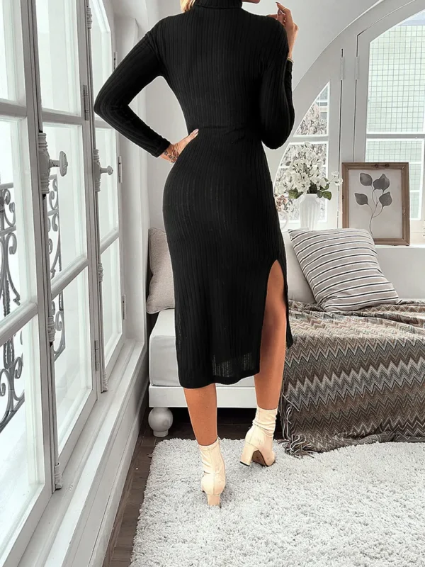 Knit Dress - High Neck, Long Sleeve, Side Slit - Image 2