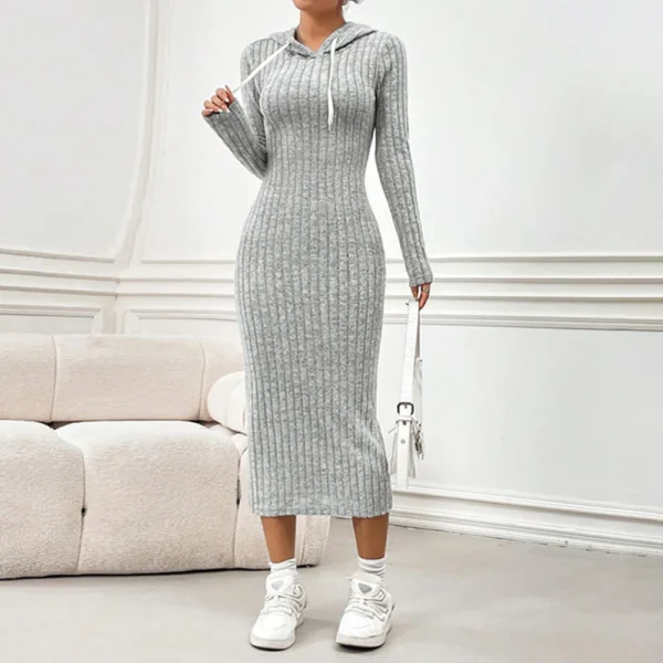 Elegant Knit Dress Hooded Slim Bodycon Long Sleeve - Image 2