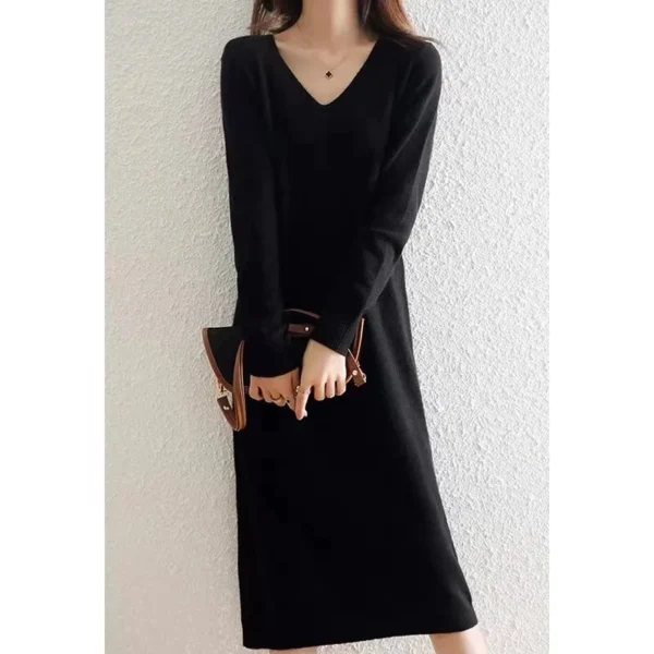 V-Neck Knit Dress, Loose Fit, French Style - Image 4