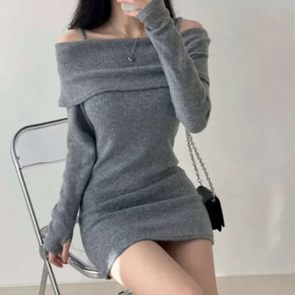 Chic Knit Dress Ribbed Slim Fit Scoop Neck Short Skirt