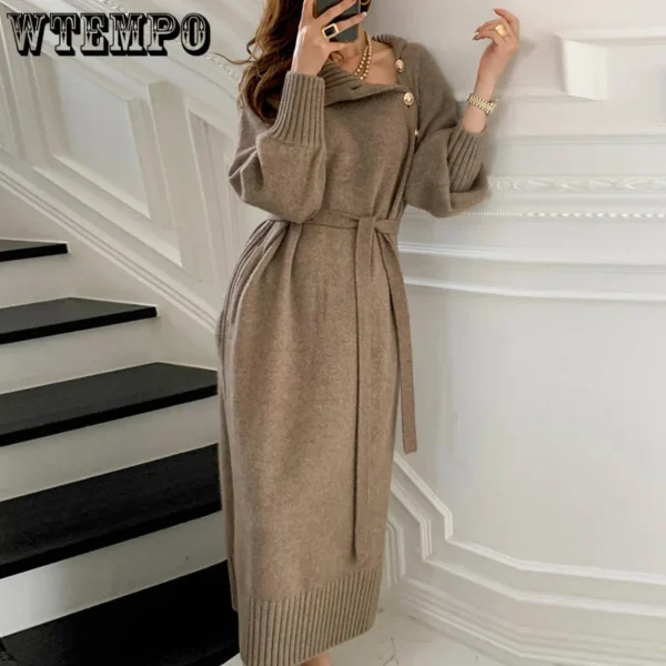 Vintage Knit Dress Loose Turtleneck Buttoned Long Sleeve - Image 2