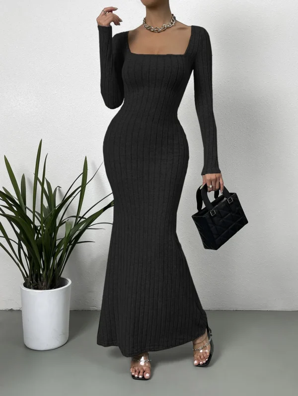 Knit Dress - Square Neck Slim Fit Long Sleeve