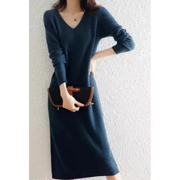 V-Neck Knit Dress, Loose Fit, French Style - Image 5