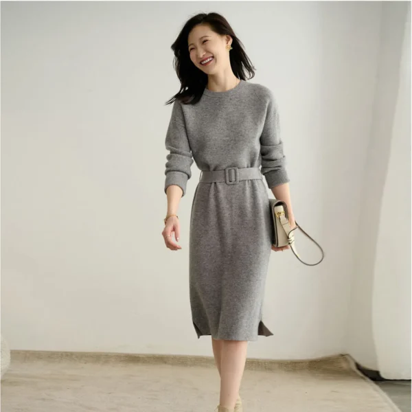 Knit Dress Round Neck Long Sleeved Waist Cinching - Image 5