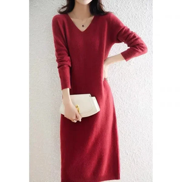 V-Neck Knit Dress, Loose Fit, French Style - Image 2