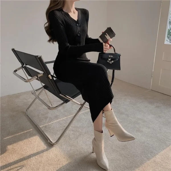 Knit Dress V Neck High Waist Long Sleeve Solid Color - Image 5