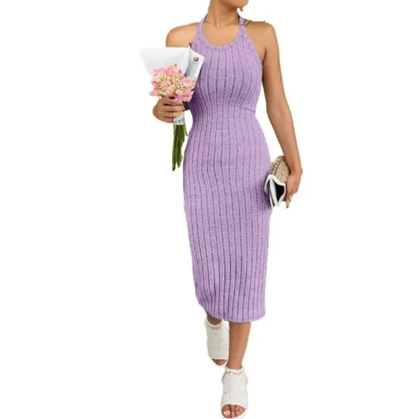 Solid Halter Neck Knit Dress Ribbed Sleeveless Midi - Image 4