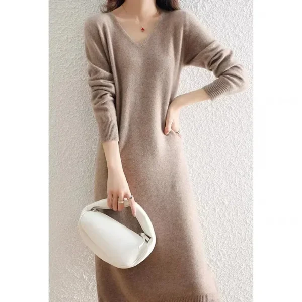 V-Neck Knit Dress, Loose Fit, French Style - Image 3