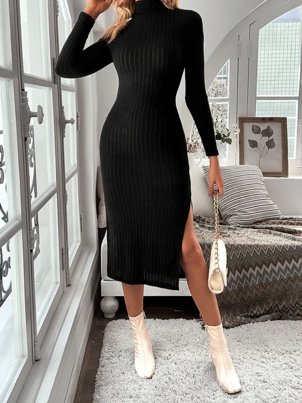 Knit Dress - High Neck, Long Sleeve, Side Slit - Image 3