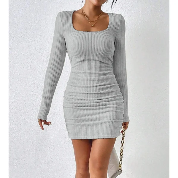 Knit Dress Slim Fit Square Neck Long Sleeve Mini - Image 5