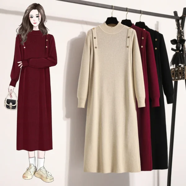 Knit Dress Long Sleeves Metal Buckles Autumn Winter - Image 2