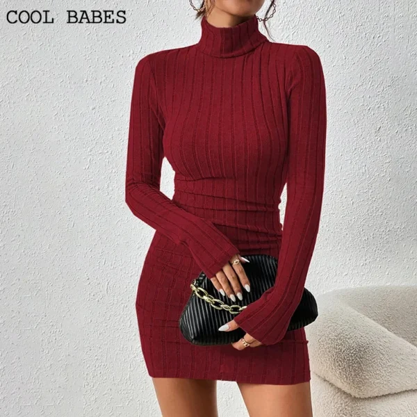 Knit Dress: Turtleneck, Long Sleeve, Bodycon Mini