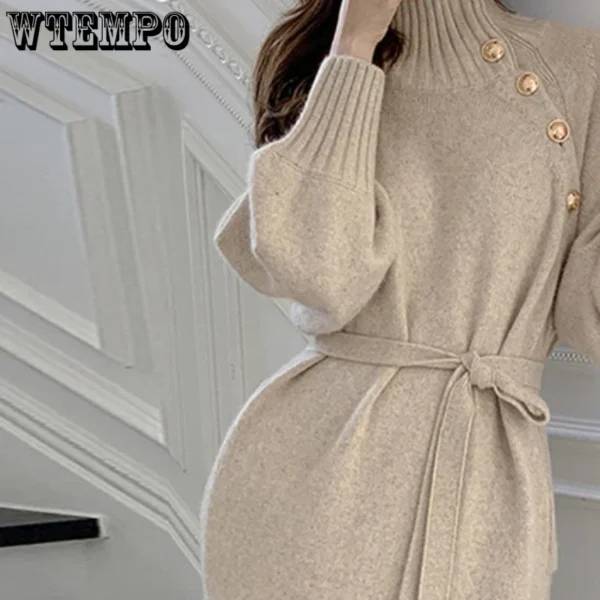 Vintage Knit Dress Loose Turtleneck Buttoned Long Sleeve - Image 6