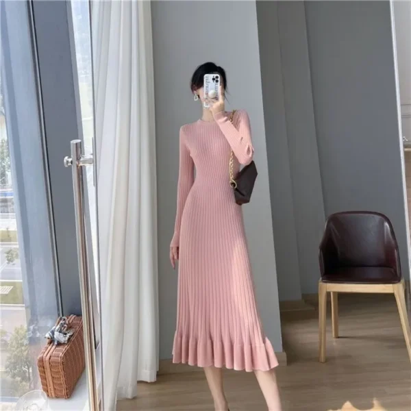 Knit Dress Women Long Sleeve Pleats Casual - Image 4