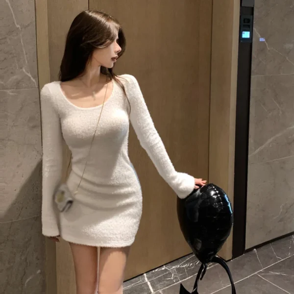 Knit Dress: Slim V-Neck Long Sleeve Bodycon - Image 3