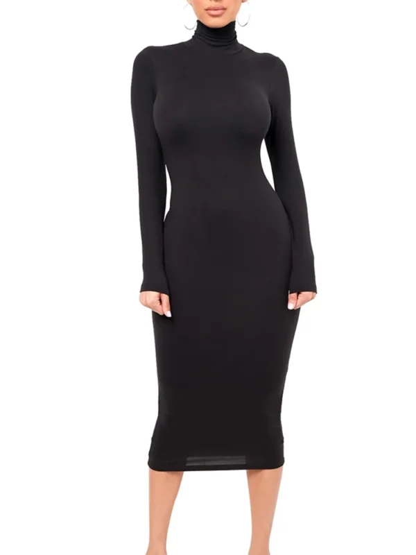 Knit Dress: Black Turtleneck Bodycon Midi Dress - Image 3