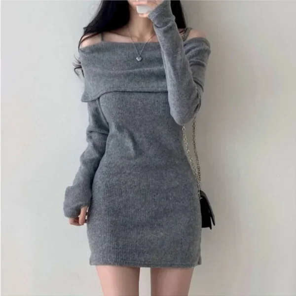 Chic Knit Dress Ribbed Slim Fit Scoop Neck Short Skirt - Image 2