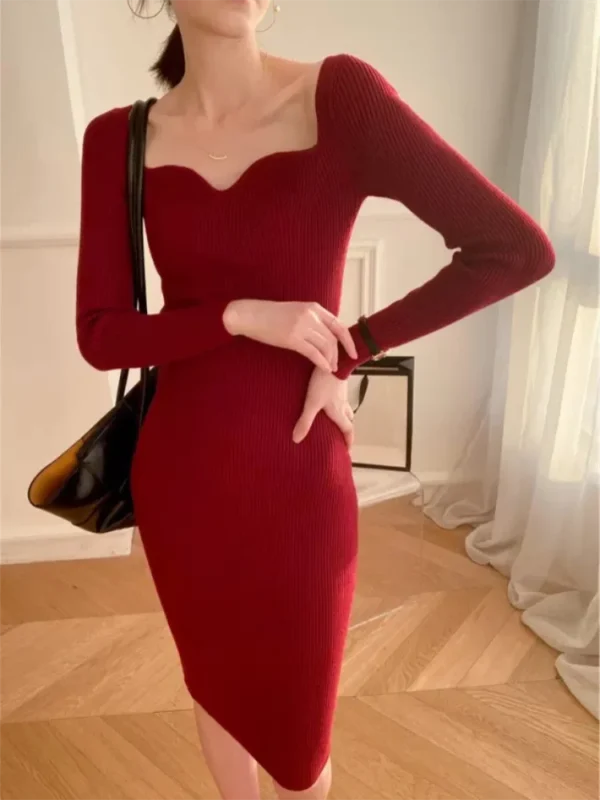 Knit Dress Slim Fit Long Sleeve Midi Party Evening - Image 2