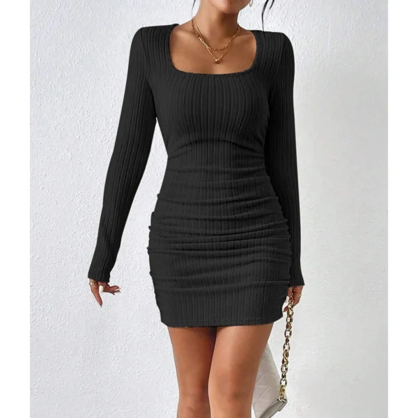 Knit Dress Slim Fit Square Neck Long Sleeve Mini - Image 4