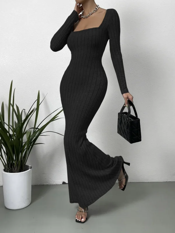 Knit Dress - Square Neck Slim Fit Long Sleeve - Image 6