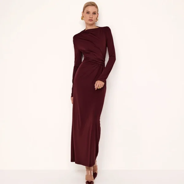 Knit Dress - Solid Color Long-Sleeved Pleated Dress - Image 3