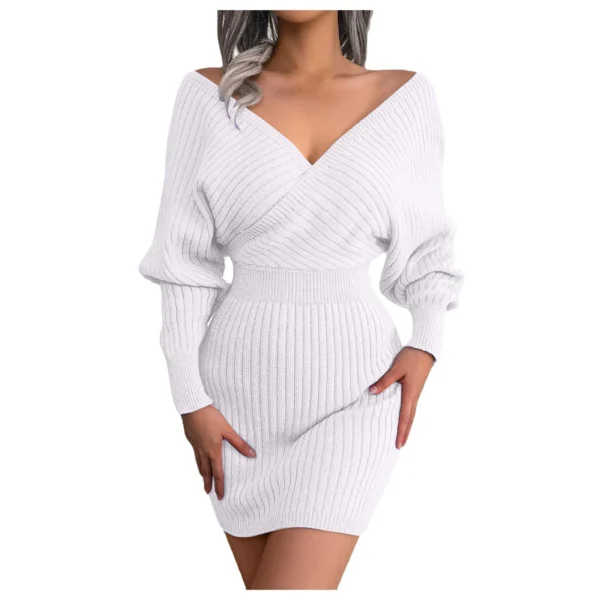 Knit Dress Sexy Cross V-Neck Bodycon Autumn/Winter - Image 3