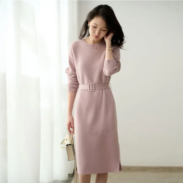 Knit Dress Round Neck Long Sleeved Waist Cinching - Image 3