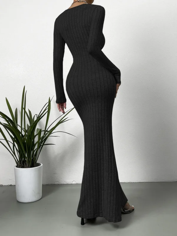 Knit Dress - Square Neck Slim Fit Long Sleeve - Image 2