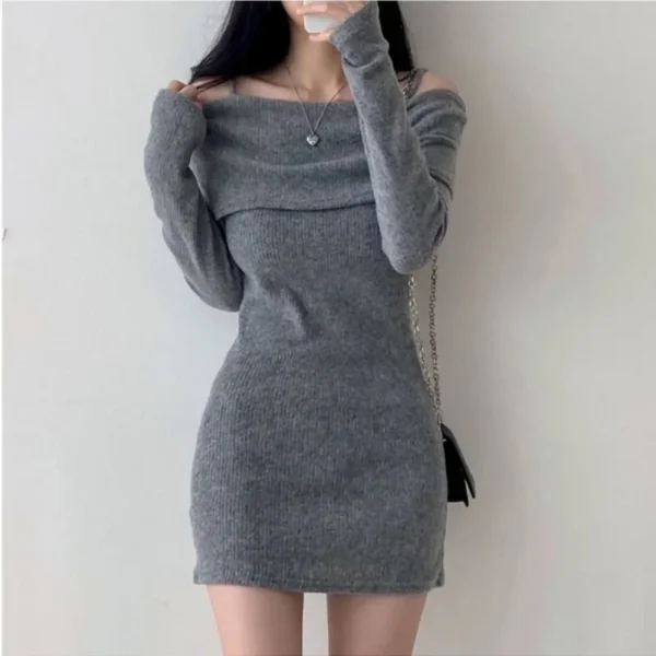 Chic Knit Dress Ribbed Slim Fit Scoop Neck Short Skirt - Image 4