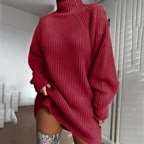 Knit Dress - Women's High Neck Loose Sweater Dress - Image 2