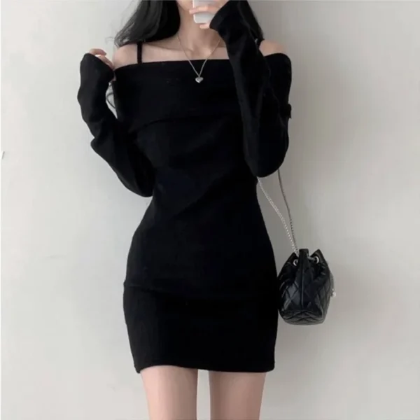 Chic Knit Dress Ribbed Slim Fit Scoop Neck Short Skirt - Image 3